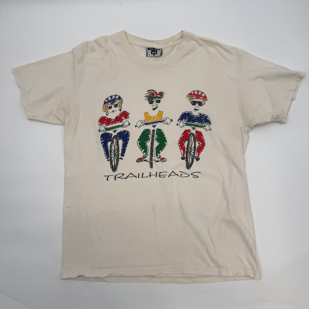 Lee Mens L T-Shirt Cream Trailheads Cycling Graphic Vintage 90s Single Stitch